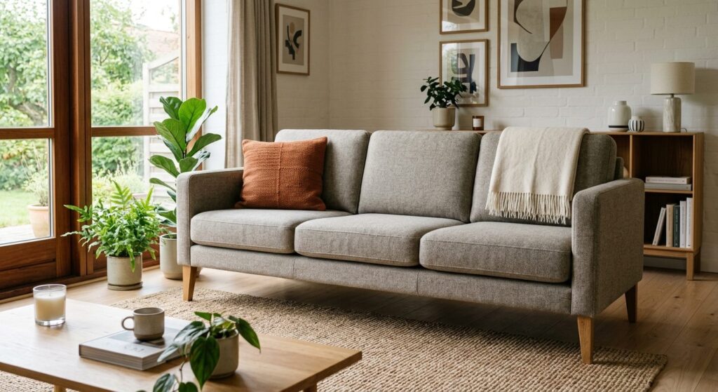 Moderne sofa i stuen med kvalitetsstof og solid konstruktion der holder længe