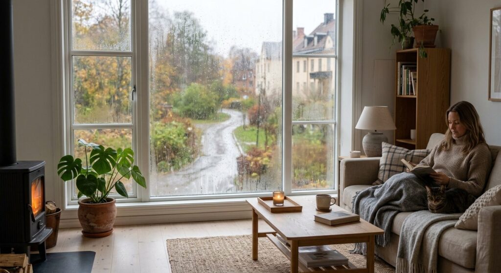 Stue med synlige tegn på dårligt indeklima som kondens på vindue og tæt luft