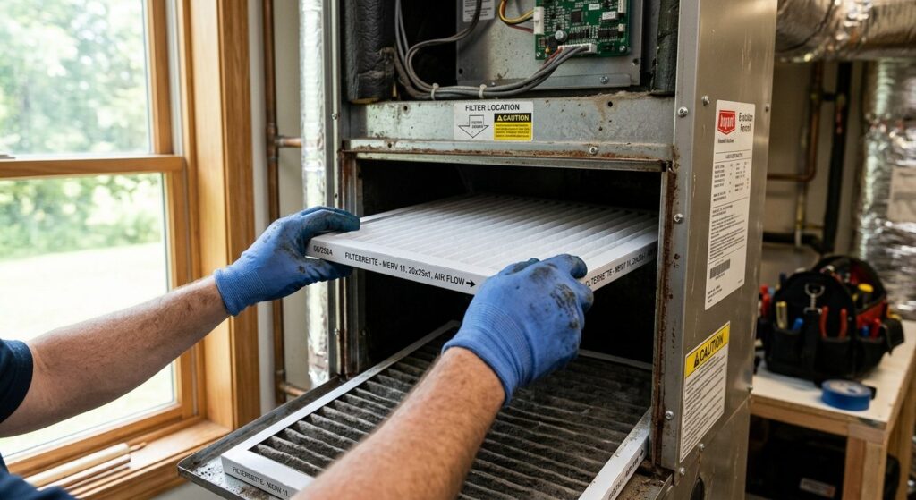 Udskiftning af filter i indeklimastyrelsessystem med håndværker i hvide handsker
