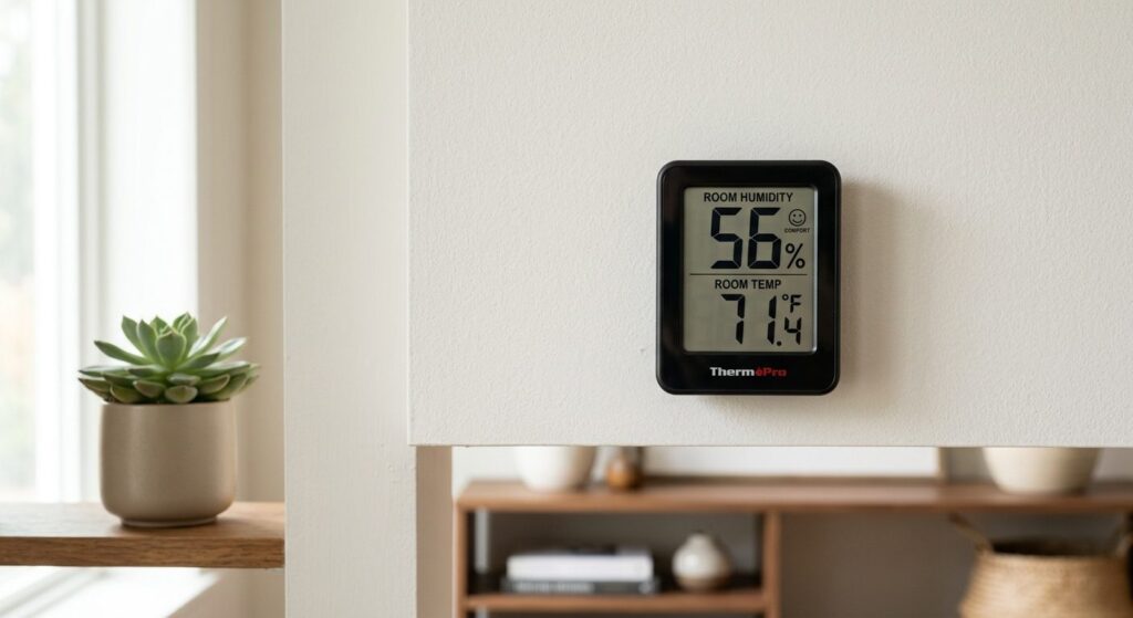 Digitalt hygrometer viser luftfugtighed i procent på hvid væg i stue