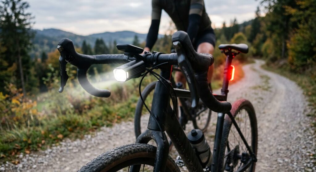 Højkvalitets cykellygte monteret på cykelstyr, viser LED-lys og professionel belysning
