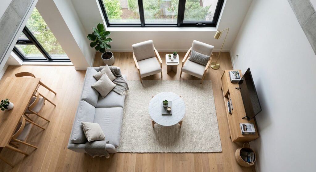 Luftfoto af stue med korrekt møbelplacering og god plads omkring sofaen og stole