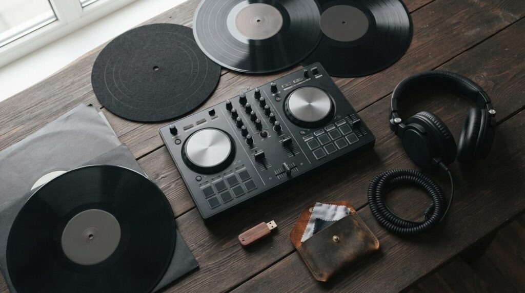 Close-up flat lay of DJ equipment gift selection including a