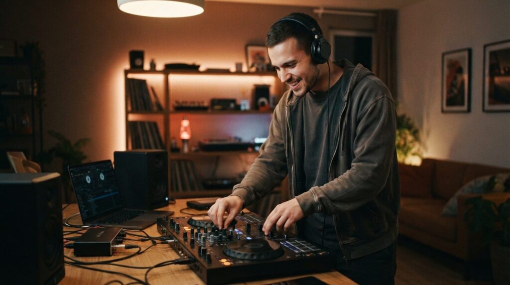 Young adult male enthusiastically using a DJ controller at h
