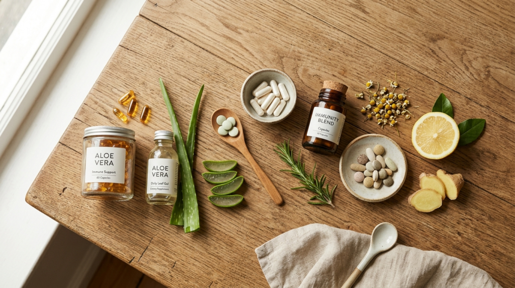 Flat lay composition of natural health and immunity products