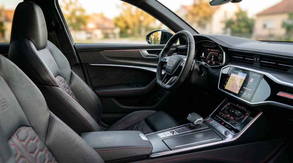 Close-up detail shot of Audi RS6 Avant 2026 interior cabin s