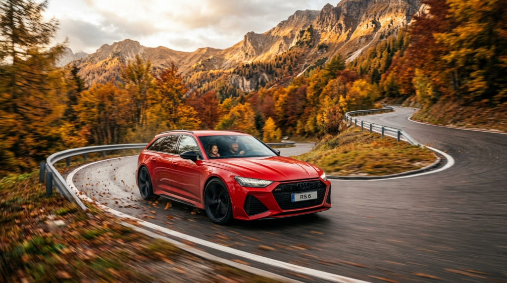 Dynamic lifestyle photograph of Audi RS6 Avant 2026 driving 