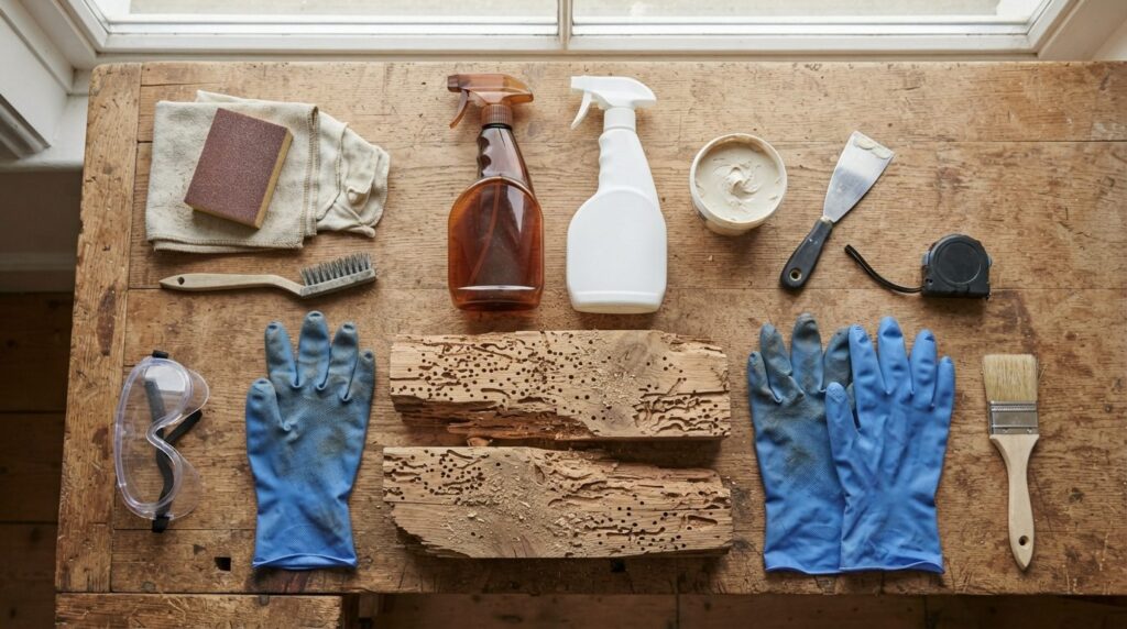 Photorealistic flat lay of DIY woodworm treatment products f