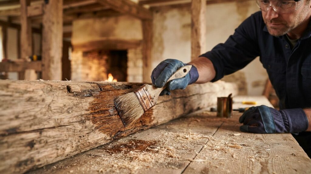 Close-up photorealistic image of homeowner applying wood tre
