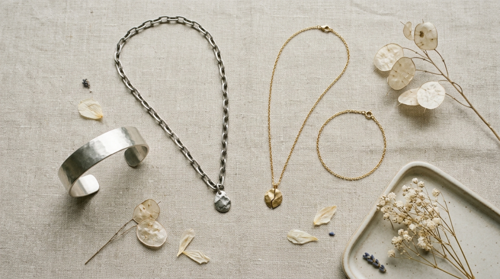 Flat lay composition of curated matching jewelry set for cou