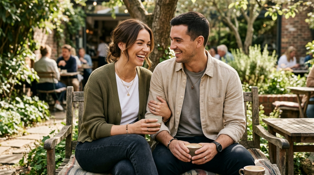 Modern couple sitting together outdoors in casual style, wea