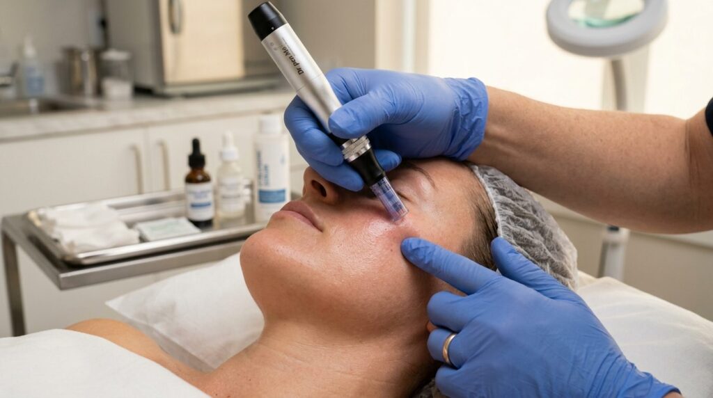 Close-up of a dermatologists hands holding a professional m