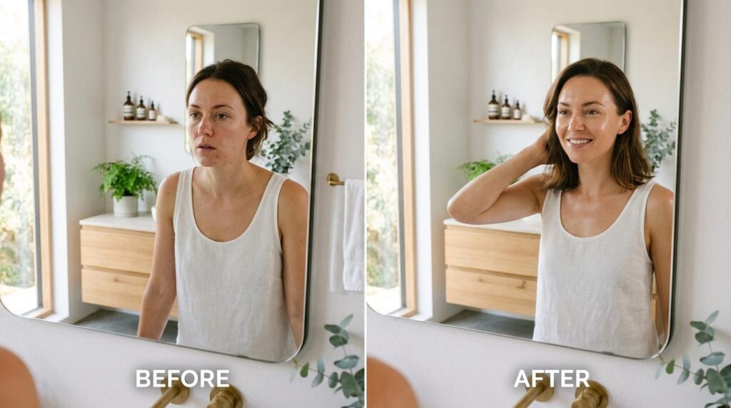Before and after skincare results, woman examining her compl
