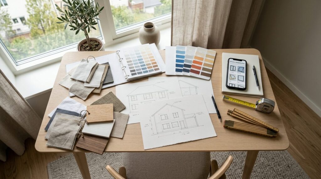 Realistic overhead view of a homeowners workspace with wind