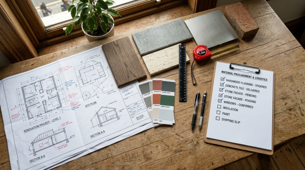 Close-up overhead view of material planning workspace showin