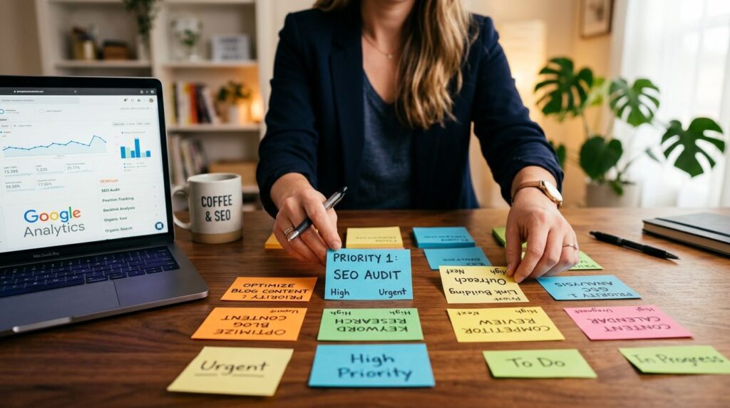 Close-up of a digital marketers hands organizing colorful p
