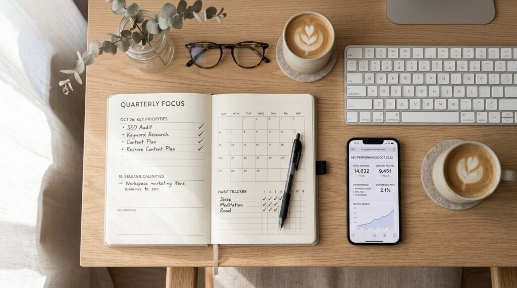 Overhead view of a calm workspace with a productivity planne