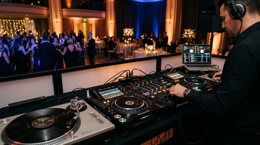 Close-up of professional DJ equipment and audio-visual setup