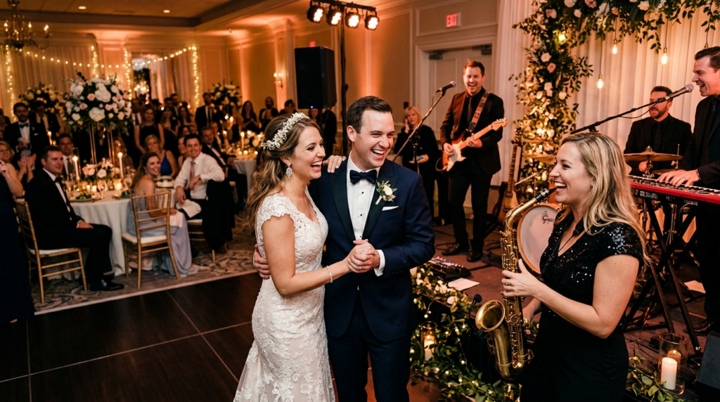 Bride and groom laughing with live entertainment performers