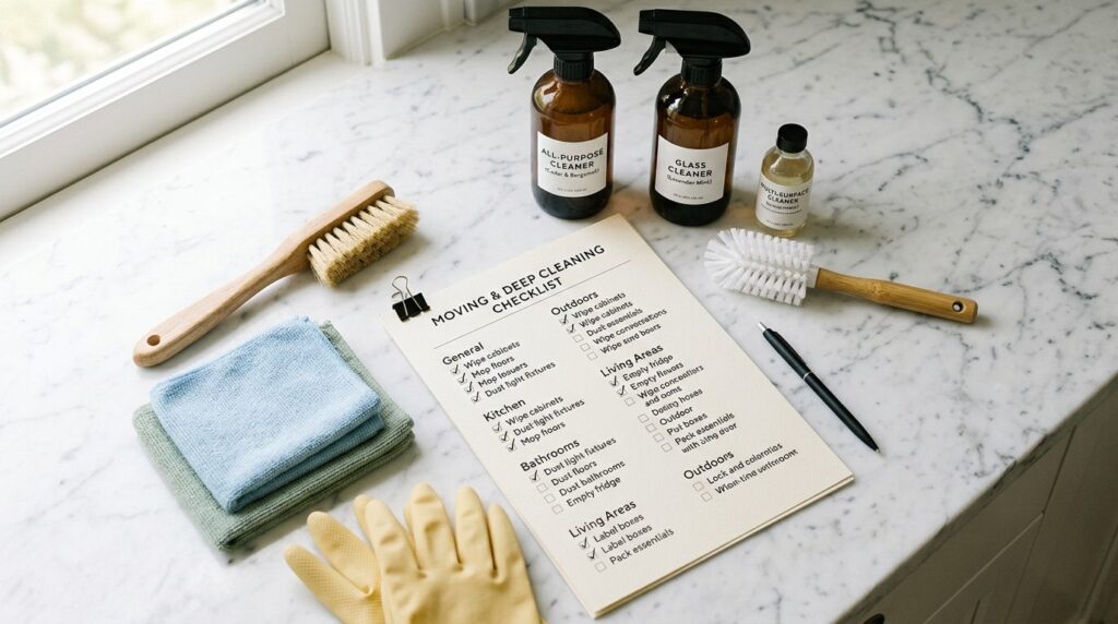 Close-up overhead shot of cleaning supplies and checklist or