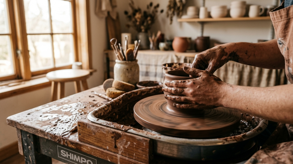 Close-up lifestyle photography of hands shaping wet clay on