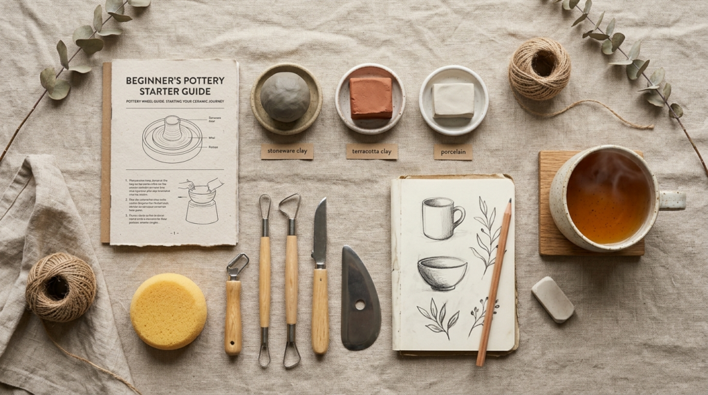 Flat lay overhead shot of ceramic pottery equipment and begi