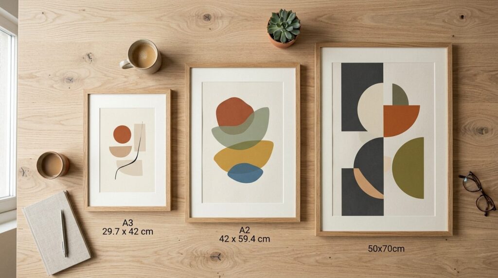 Close-up flat lay photography of framed poster mockups in di
