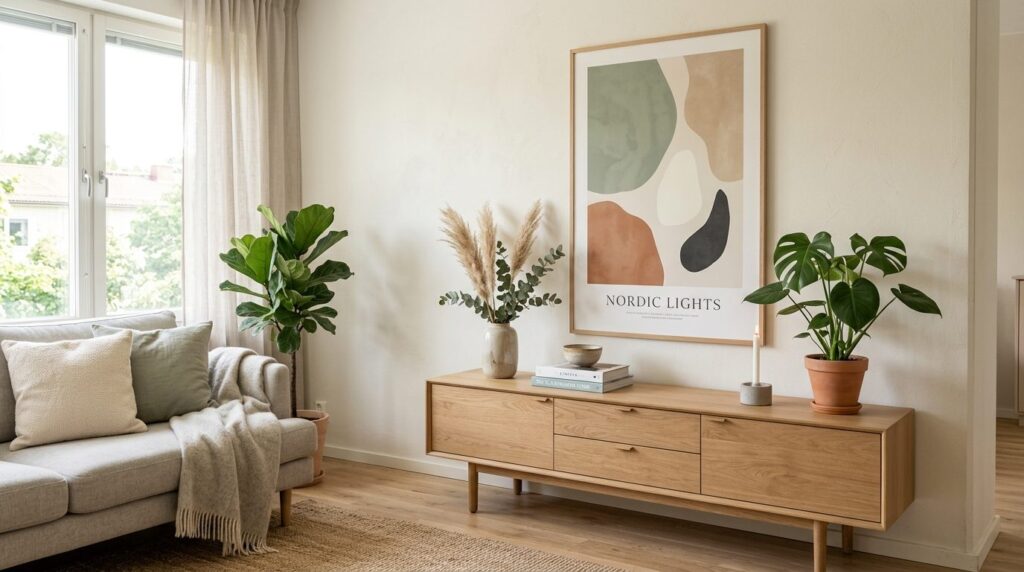 Interior styling shot of a Scandinavian living room corner f