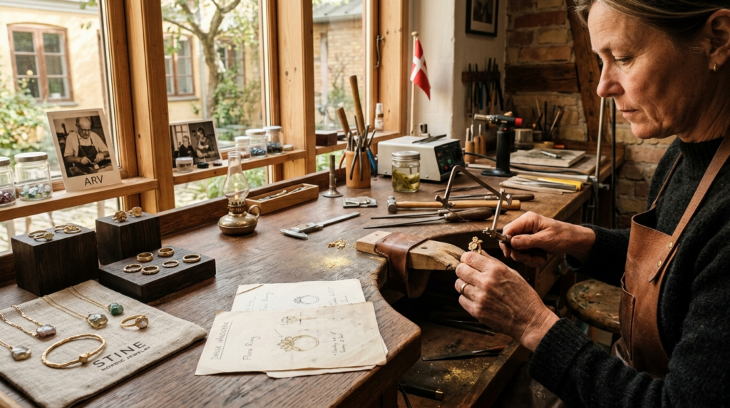 Artisanal jewelry craftsmanship scene showing a goldsmiths 