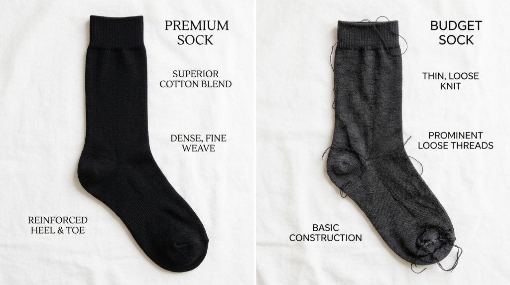 Flat lay comparison of quality black socks versus cheap sock