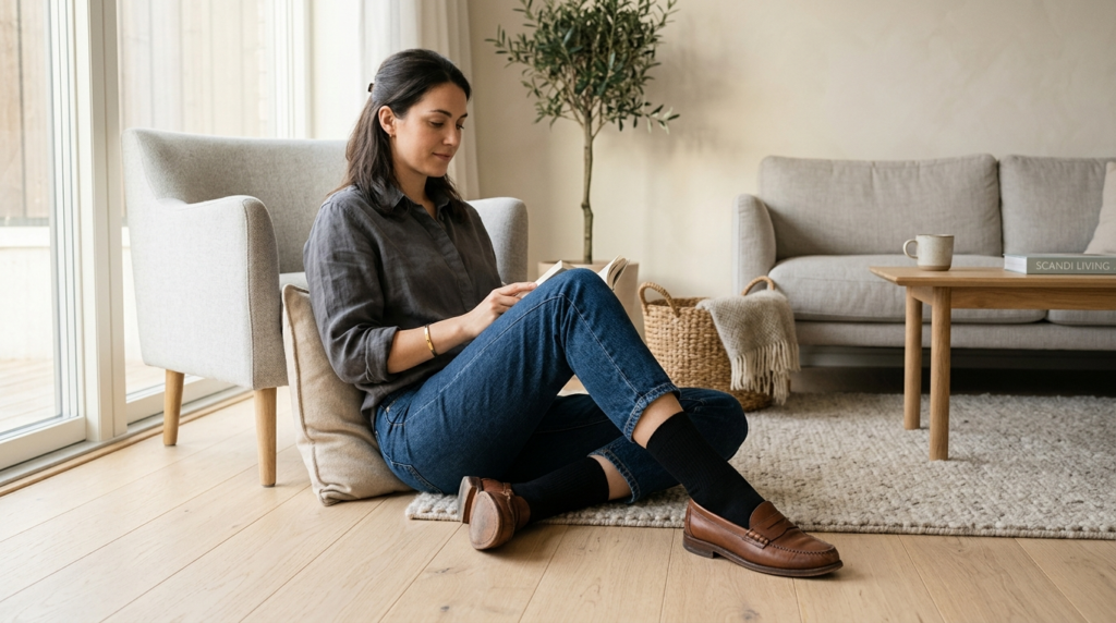 Lifestyle photograph of a person wearing premium black socks