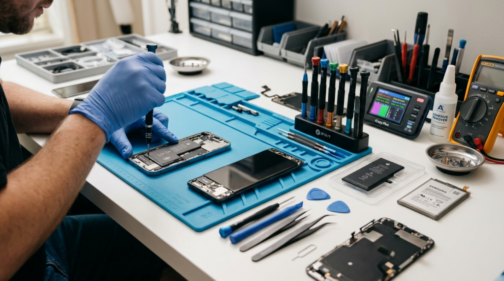 Close-up of organized repair station showing iPhone and Sams