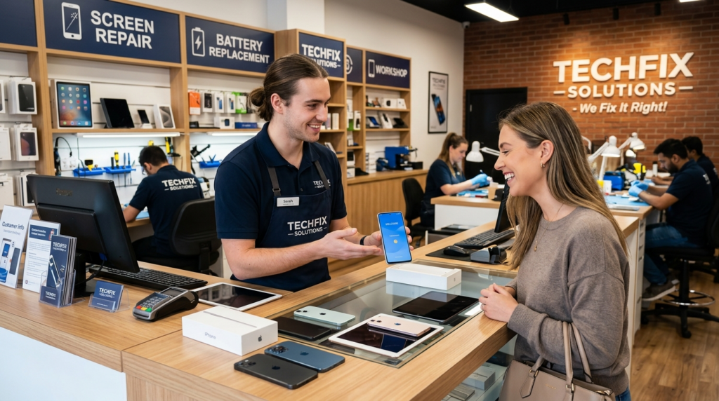 Customer service scene in device repair shop: technician sho