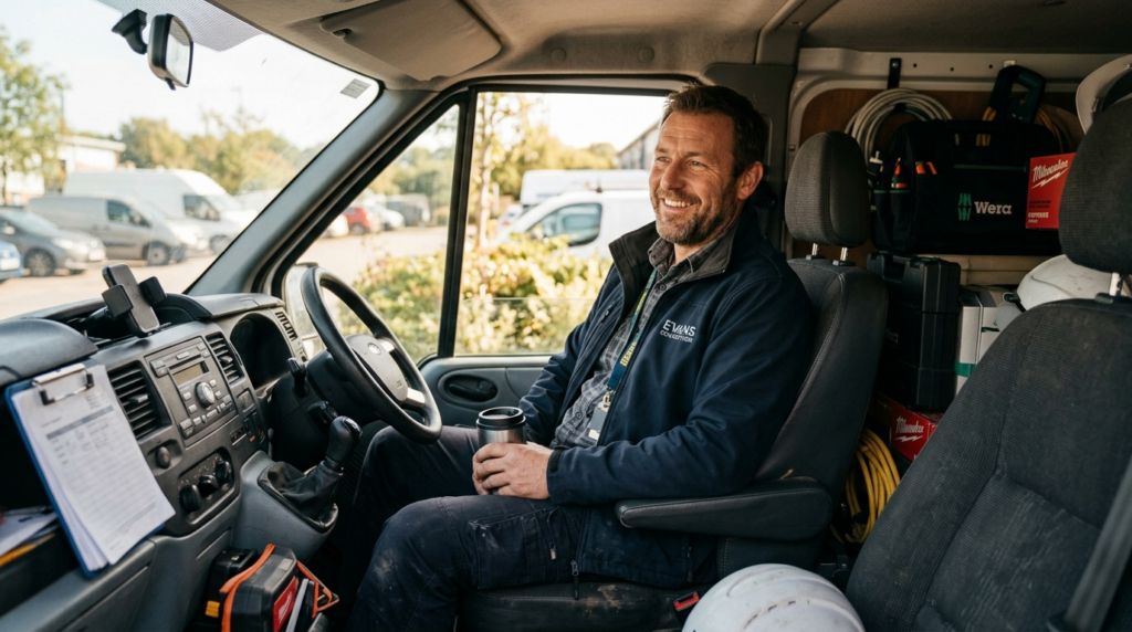Interior cabin shot of a professional tradesman sitting comf